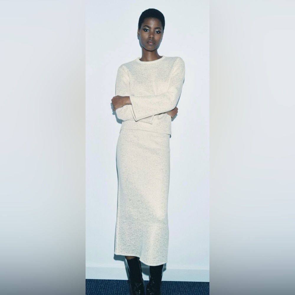 Zara Metallic Thread Rustic Ivory Knit Midi Skirt | Small | Stunning | NWT
